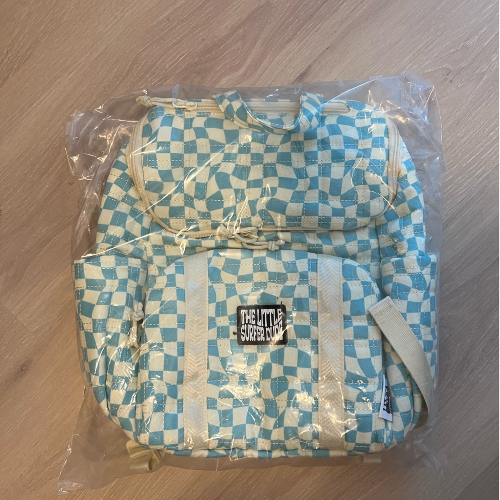 The Little Surfer Dude Checkered Blue and White Backpack